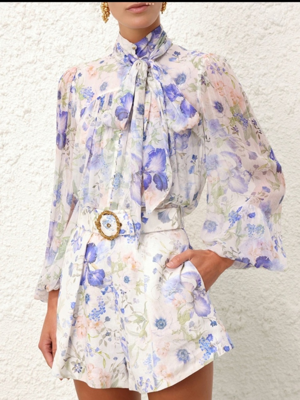Like New Zimmermann Natura floral chiffon tie neck blouse Zimmermann size 1